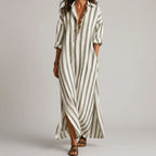 Green maxi dress with rolled sleeves and side pockets front view BELLA HUDSON