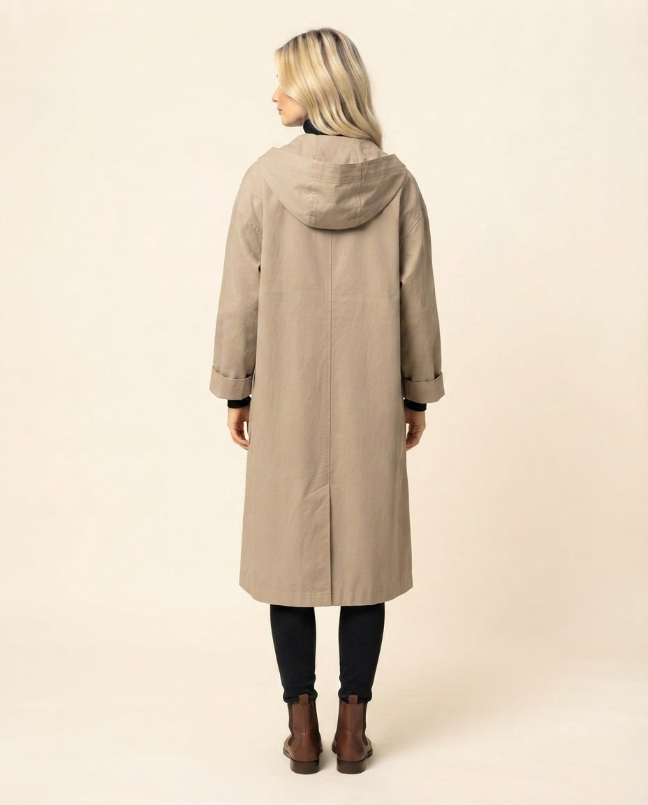 Helena Longline Button-Front Trench Coat for Women in Beige – Back Side View