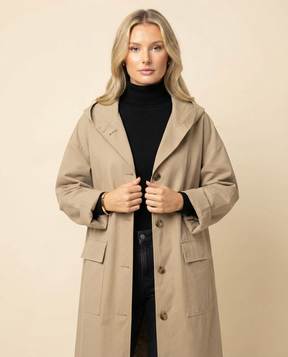 Helena Longline Button-Front Trench Coat for Women in Beige – Front Close-Up