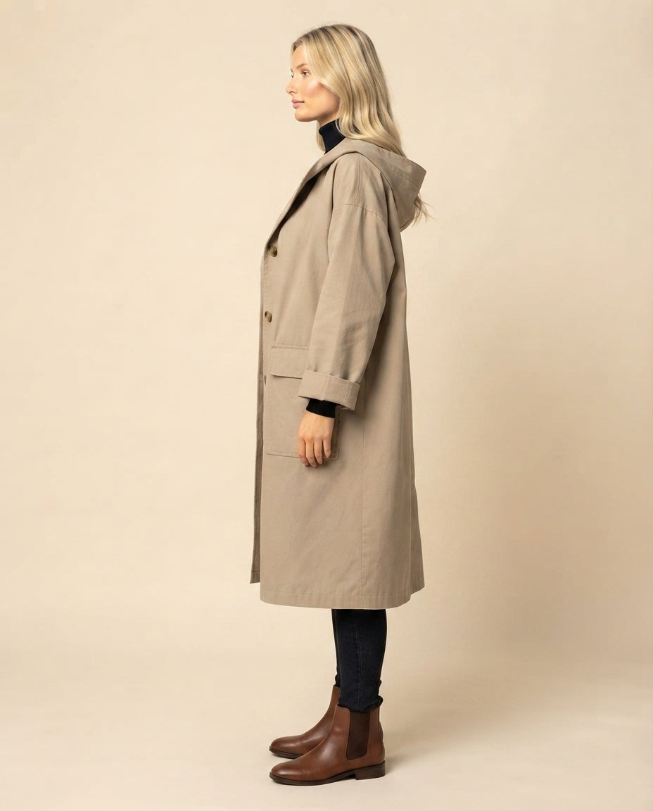 Helena Longline Button-Front Trench Coat for Women in Beige – Side View