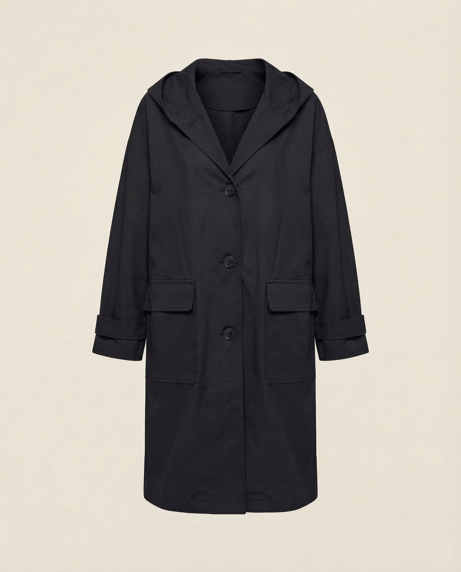Helena Longline Button-Front Trench Coat for Women in Black – Front View