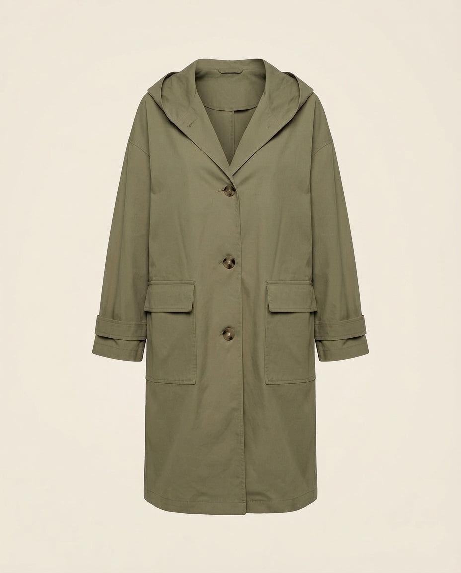 Helena Longline Button-Front Trench Coat for Women in Green – Front View