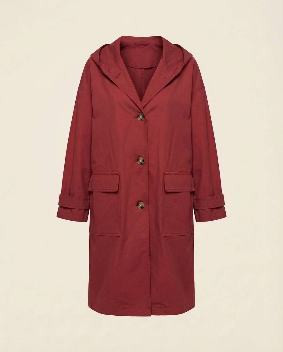 Helena Longline Button-Front Trench Coat for Women in Red – Front View
