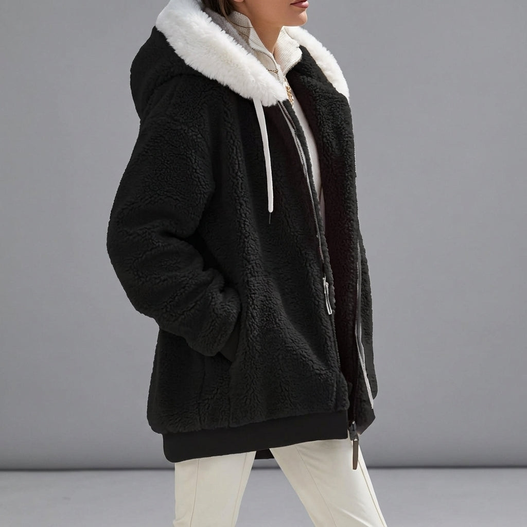 Women's Black Hooded Fleece Winter Jacket with Full-Zip Front