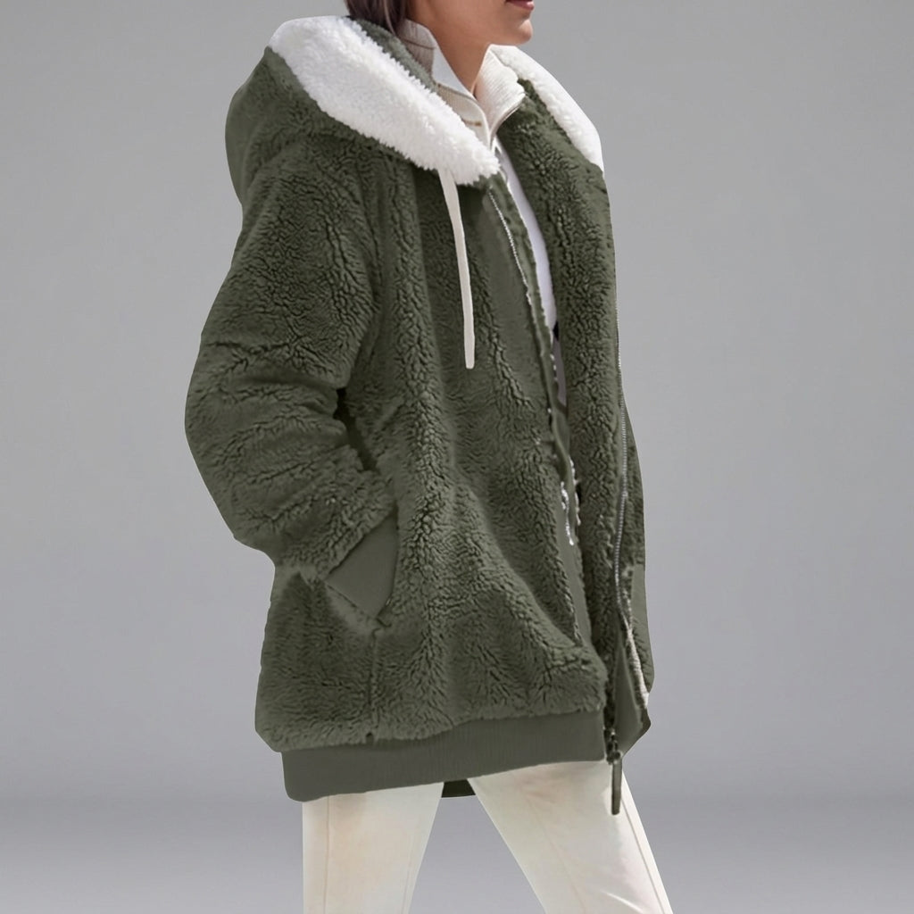 Women's Dark Green Hooded Fleece Winter Jacket with Full-Zip Front