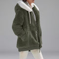 Women's Dark Green Hooded Fleece Winter Jacket with Full-Zip Front