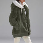 Women's Dark Green Hooded Fleece Winter Jacket with Full-Zip Front