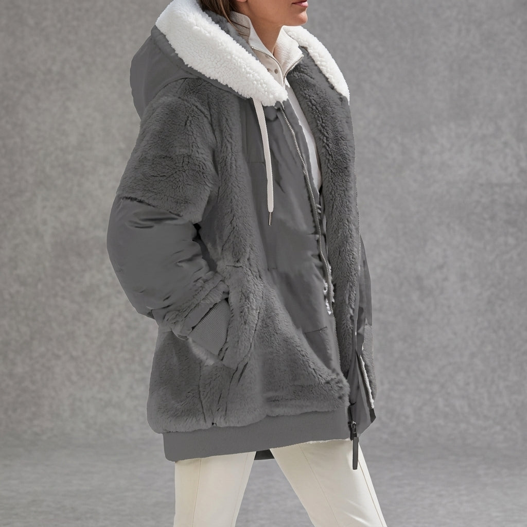 Women's Gray Hooded Fleece Winter Jacket with Full-Zip Front
