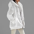 Women's White Hooded Fleece Winter Jacket with Full-Zip Front