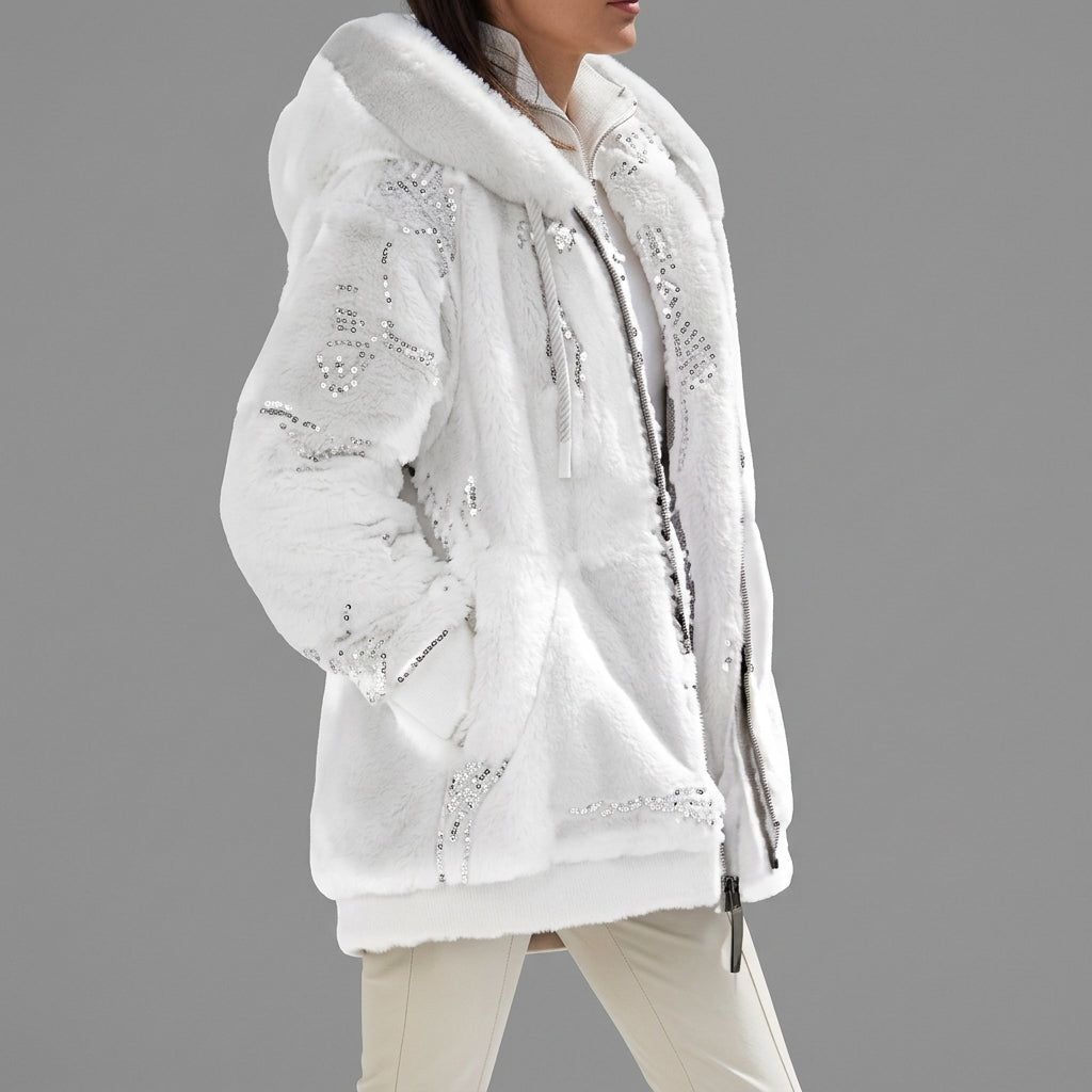 Women's White Hooded Fleece Winter Jacket with Full-Zip Front