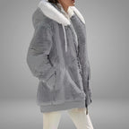 Women's Gray Hooded Fleece Winter Jacket with Full-Zip Front