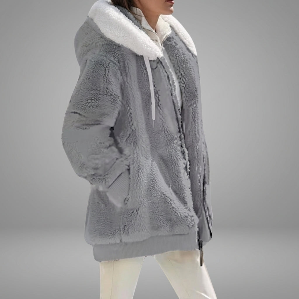 Women's Gray Hooded Fleece Winter Jacket with Full-Zip Front