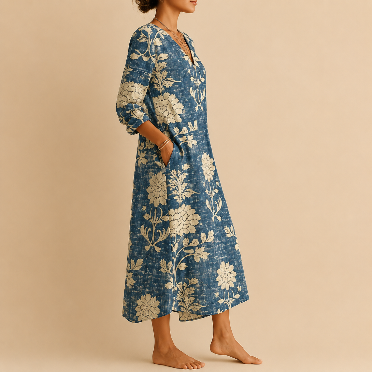 Indra Floral Print Lightweight Linen Midi Dress - Side View - Designed by Bella Hudson