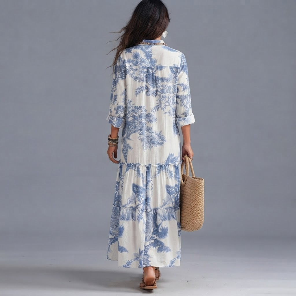 Ines Floral-Print Tiered Button-Down Maxi Dress in White and Blue shown in back view with elegant flowing design.
