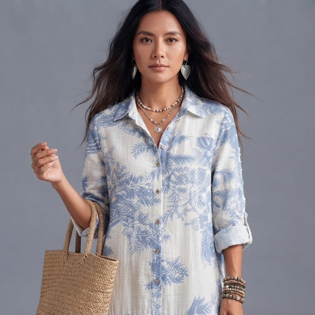 Close-up of the Ines Floral-Print Tiered Button-Down Maxi Dress in White and Blue highlighting the floral print.