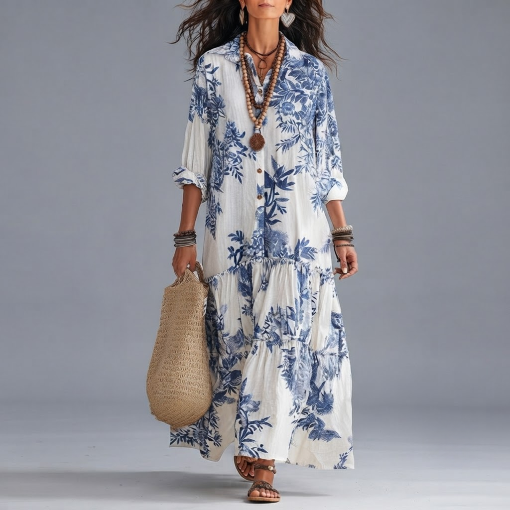 Ines Floral-Print Tiered Button-Down Maxi Dress in White and Blue shown in front view with flowing tiered silhouette.