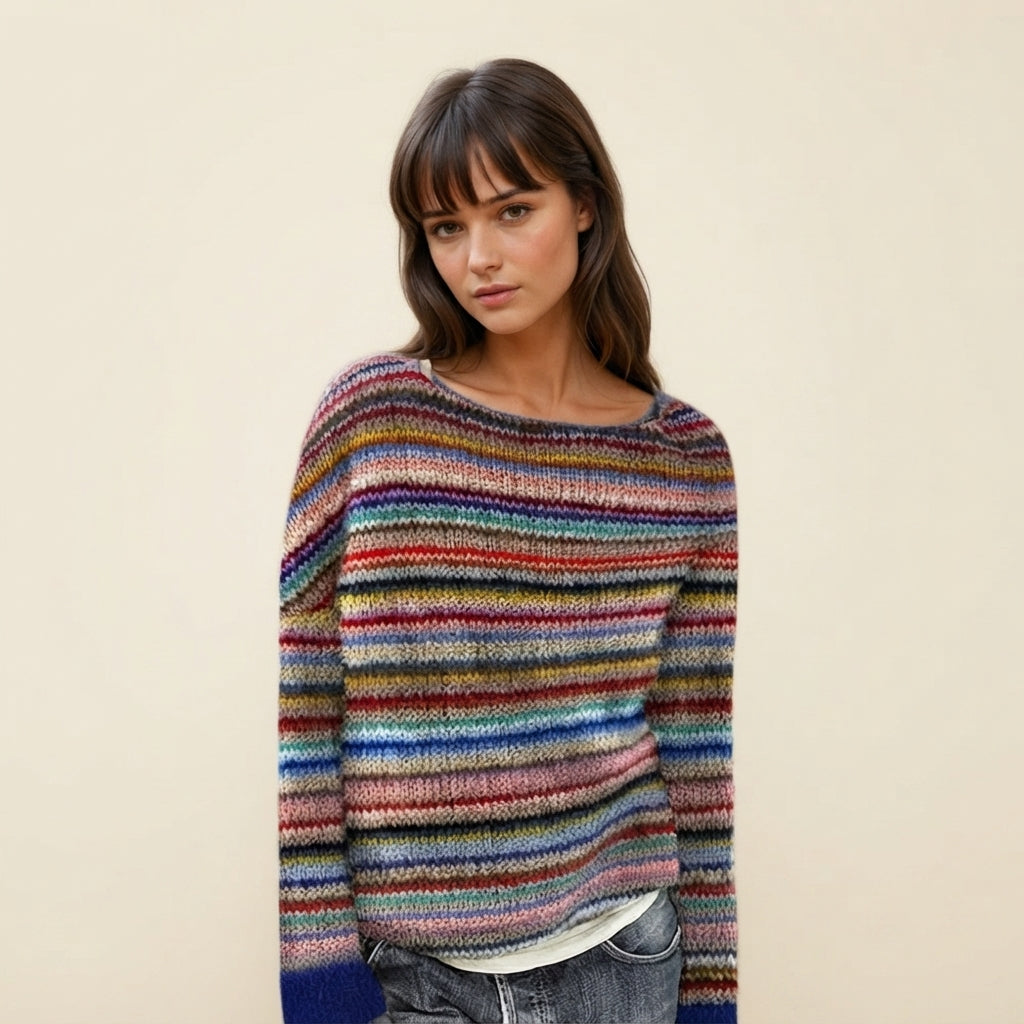 Front view of the Isaure Sweater Striped Crew-Neck featuring a stylish multi-color striped pattern, classic crew neckline, long sleeves, and a soft knit design. The vibrant combination of colors adds a playful yet versatile touch to everyday outfits.