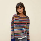 Front view of the Isaure Sweater Striped Crew-Neck featuring a stylish multi-color striped pattern, classic crew neckline, long sleeves, and a soft knit design. The vibrant combination of colors adds a playful yet versatile touch to everyday outfits.