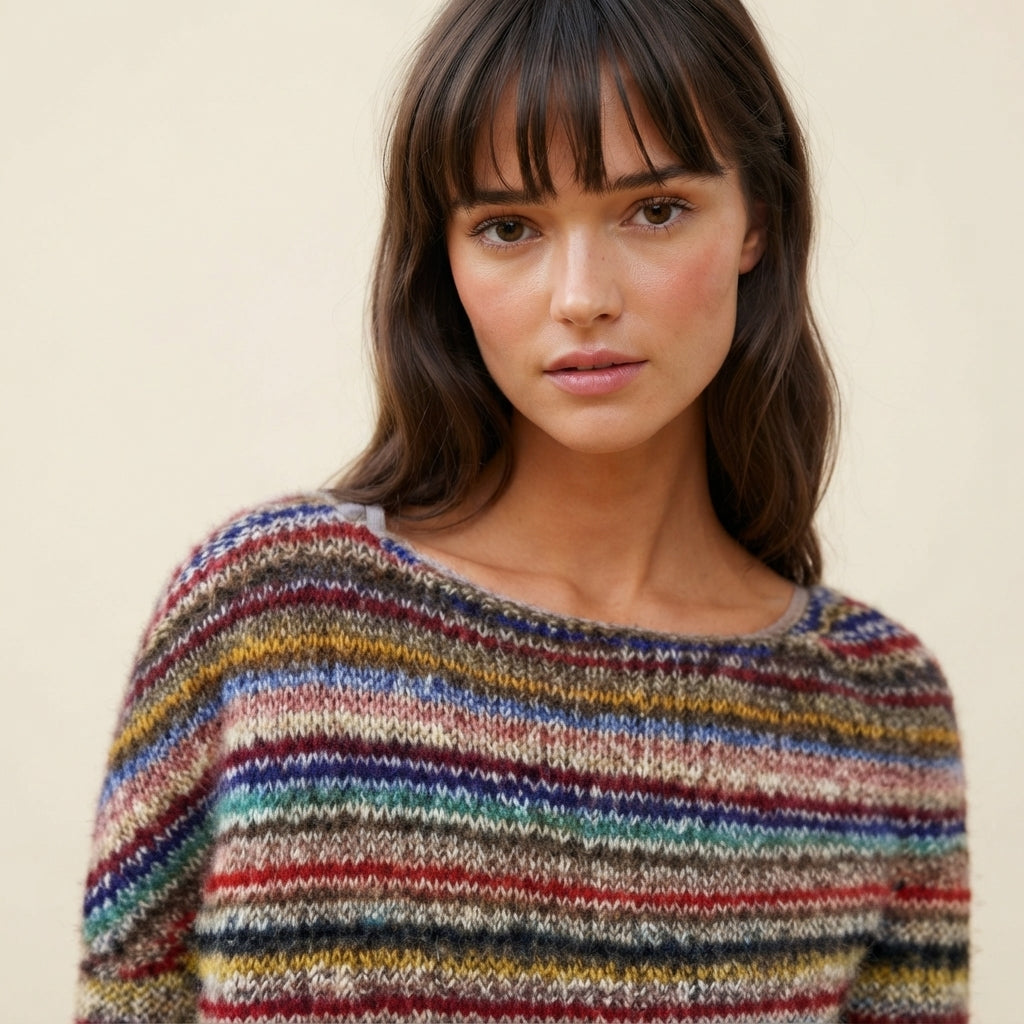 Front close-up view of the Isaure Sweater Striped Crew-Neck, highlighting the multi-color striped pattern, classic crew neckline, soft knit texture, and detailed fabric finish.