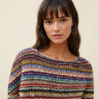 Front close-up view of the Isaure Sweater Striped Crew-Neck, highlighting the multi-color striped pattern, classic crew neckline, soft knit texture, and detailed fabric finish.