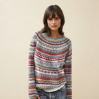 Front view of the Isaure Sweater Striped Crew-Neck featuring a stylish multi-color striped pattern, classic crew neckline, long sleeves, and a soft knit design. The vibrant combination of colors adds a playful yet versatile touch to everyday outfits.