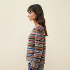 Side view of the Isaure Sweater Striped Crew-Neck featuring its multi-color striped pattern, classic crew neckline, long sleeves, and comfortable knit silhouette. The side profile highlights the relaxed shape and easy everyday fit.