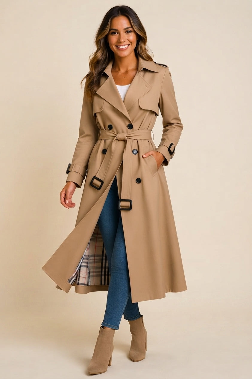 Front view highlighting the beige color, soft wool-blend fabric, structured trench coat design, long sleeves, front closure, and elegant belted waist.
