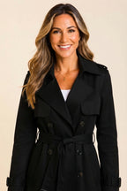 Close-up front view showcasing the black color, soft wool-blend texture, refined neckline, front closure, and adjustable belt detail for a polished appearance.