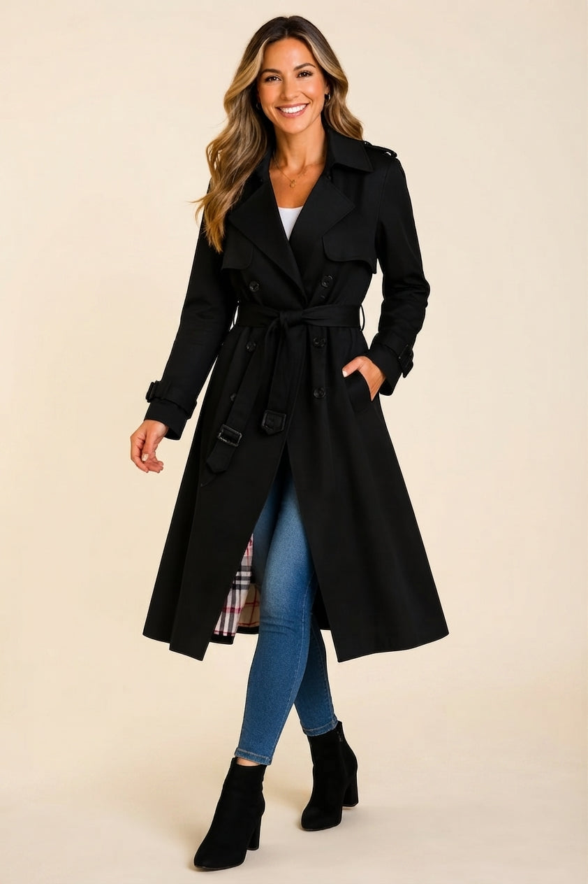 Front-facing view showcasing the black color, structured trench coat silhouette, wool-blend fabric, long sleeves, front closure, and elegant belted waist.