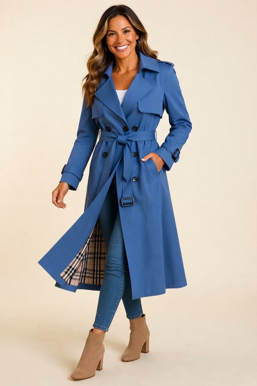 Front view highlighting the blue color, soft wool-blend fabric, structured trench coat design, long sleeves, front closure, and elegant belted waist.