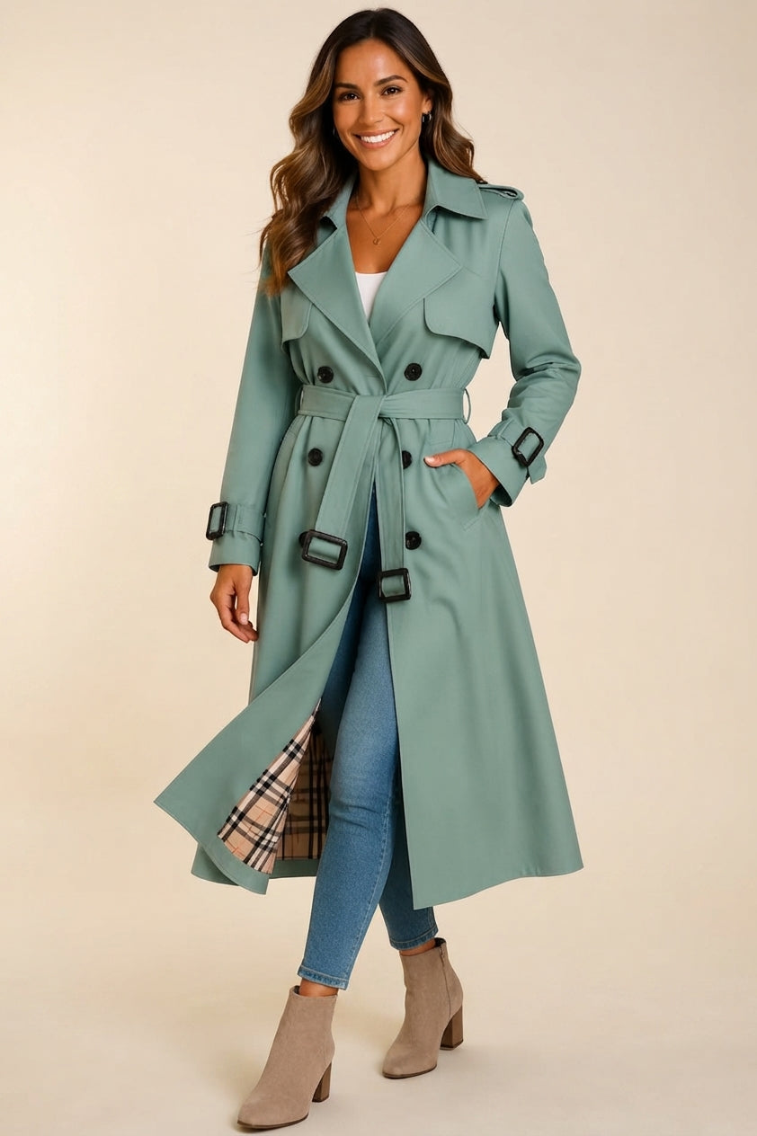 Front view highlighting the light green color, soft wool-blend fabric, structured trench coat design, long sleeves, front closure, and elegant belted waist.