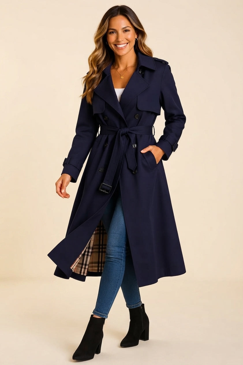Front view highlighting the navy blue color, soft wool-blend fabric, structured trench coat design, long sleeves, front closure, and elegant belted waist.