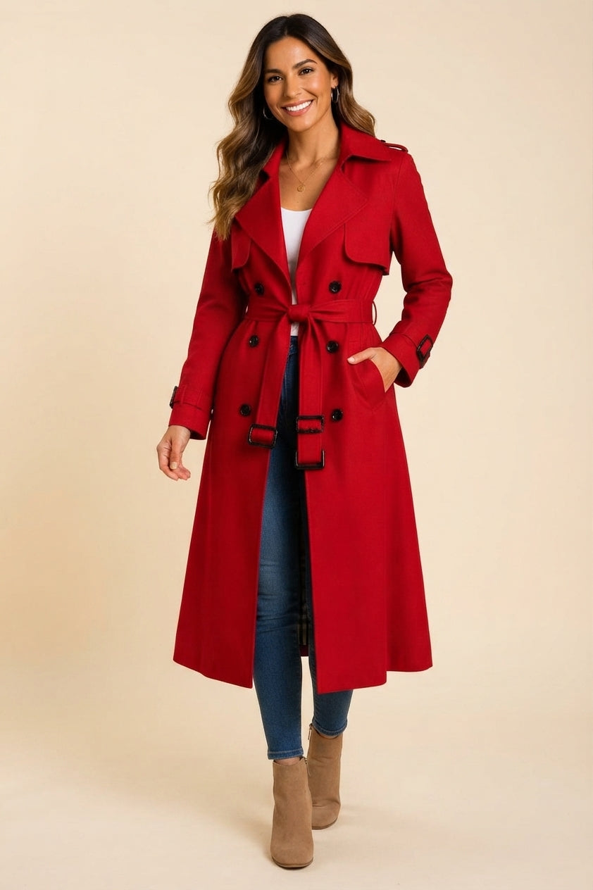 Front view highlighting the red color, soft wool-blend fabric, elegant trench coat structure, long sleeves, front closure, and defined belted waist.
