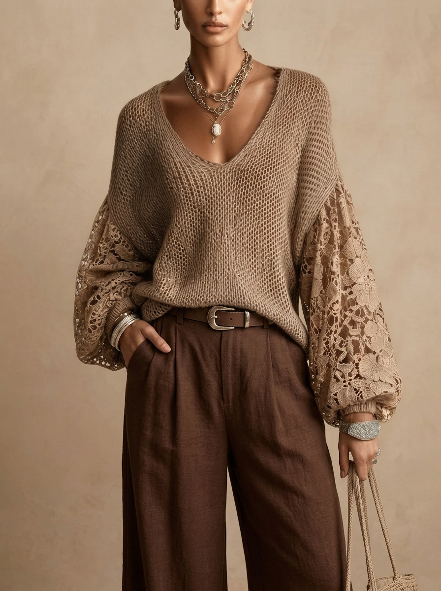 Front view of the Josefine Sweater Lace V-Neck Knit in Black, featuring a delicate lace V-neckline, soft knit fabric, and long sleeves. Designed by Bella Hudson.