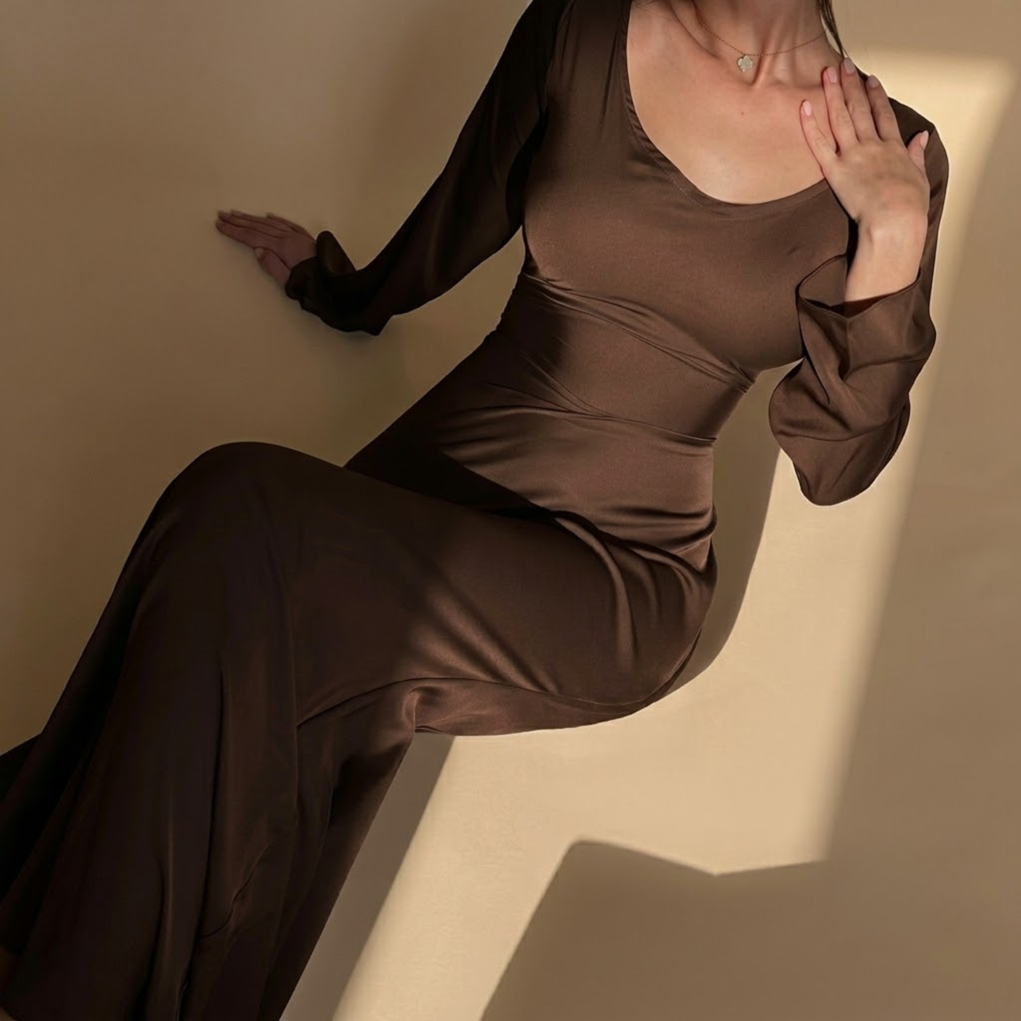 Josette Satin Maxi Dress  Brown Front View