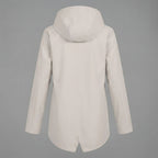 Back view of the Julia Rain Jacket Hooded Zip-Front in a soft cream color, showcasing the attached hood, long sleeves, lightweight design, and clean back silhouette.