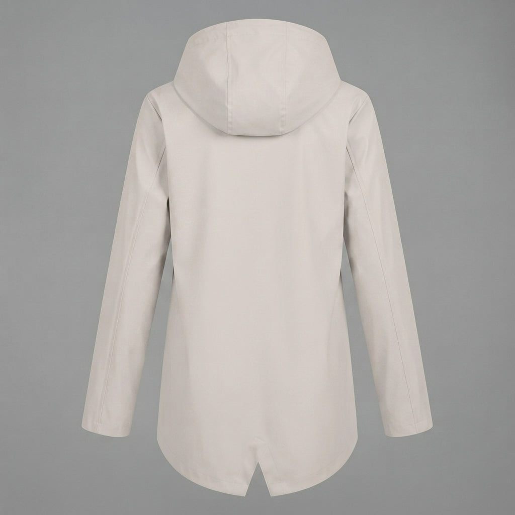 Back view of the Julia Rain Jacket Hooded Zip-Front in a soft cream color, showcasing the attached hood, long sleeves, lightweight design, and clean back silhouette.
