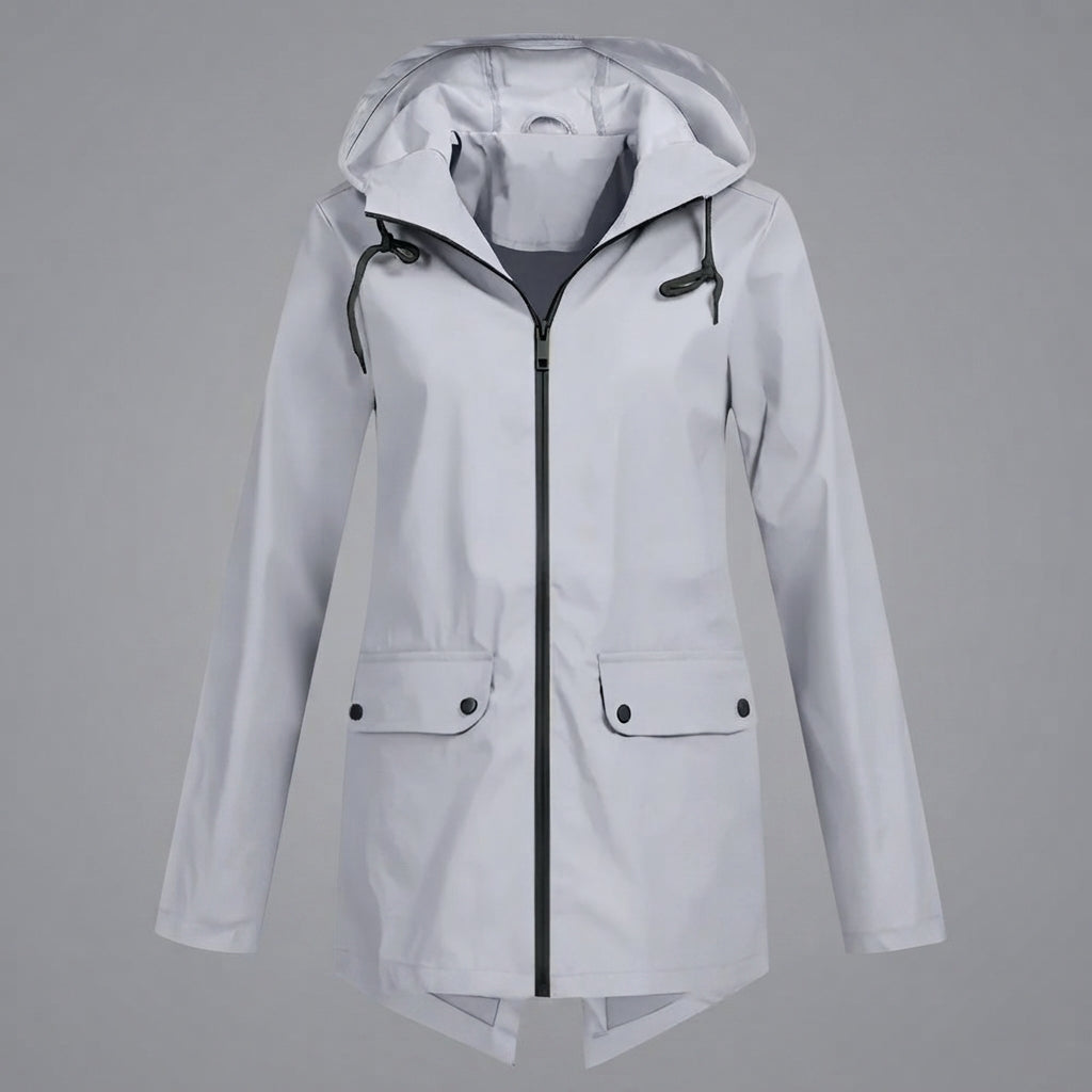 Front view of the Julia Rain Jacket Hooded Zip-Front in a versatile gray color, highlighting the hooded design, full zip-front closure, long sleeves, and clean lightweight silhouette.