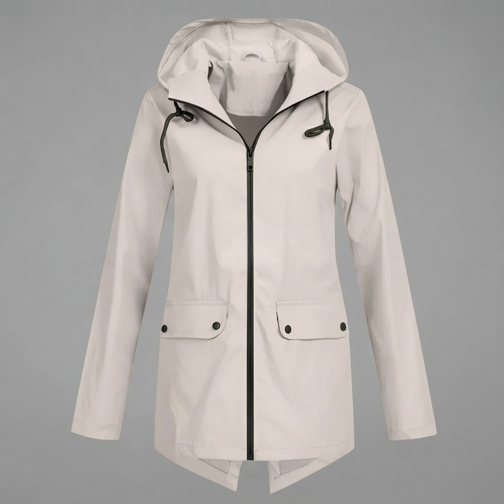 Front view of the Julia Rain Jacket Hooded Zip-Front in a soft light beige color, highlighting the hooded design, full zip-front closure, long sleeves, and clean lightweight silhouette.