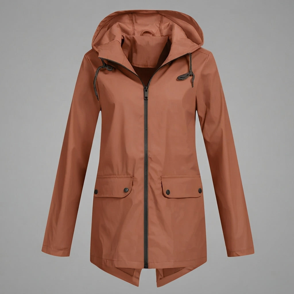 Front view of the Julia Rain Jacket Hooded Zip-Front in a vibrant orange color, highlighting the hooded design, full zip-front closure, long sleeves, and lightweight everyday silhouette.