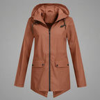 Front view of the Julia Rain Jacket Hooded Zip-Front in a vibrant orange color, highlighting the hooded design, full zip-front closure, long sleeves, and lightweight everyday silhouette.