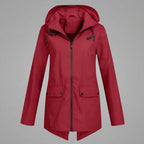 Front view of the Julia Rain Jacket Hooded Zip-Front in a stylish red beige color combination, highlighting the hooded design, full zip-front closure, long sleeves, and practical everyday silhouette.