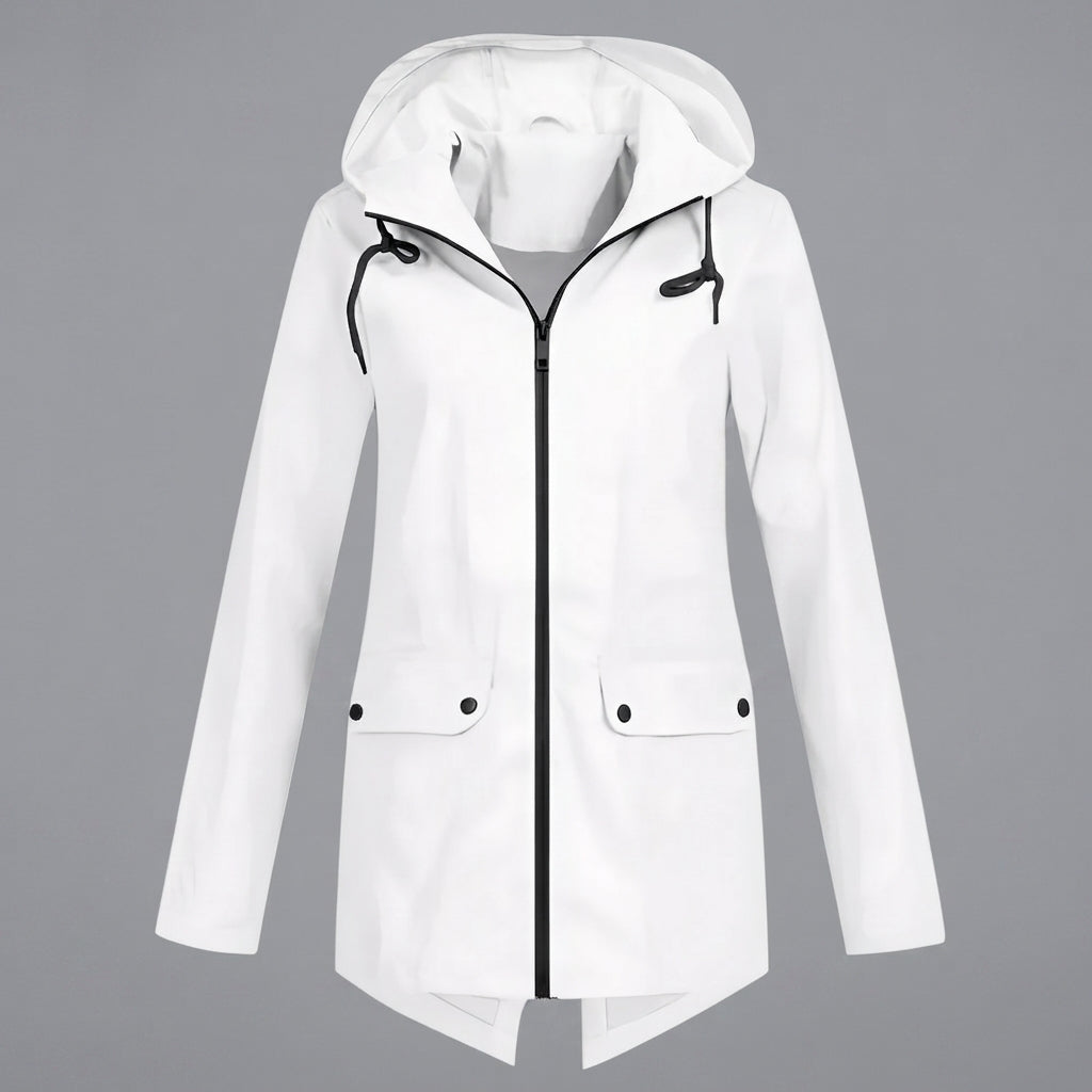 Front view of the Julia Rain Jacket Hooded Zip-Front in clean white color, highlighting the hooded design, full zip-front closure, long sleeves, and versatile lightweight silhouette.