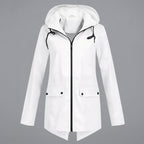Front view of the Julia Rain Jacket Hooded Zip-Front in clean white color, highlighting the hooded design, full zip-front closure, long sleeves, and versatile lightweight silhouette.