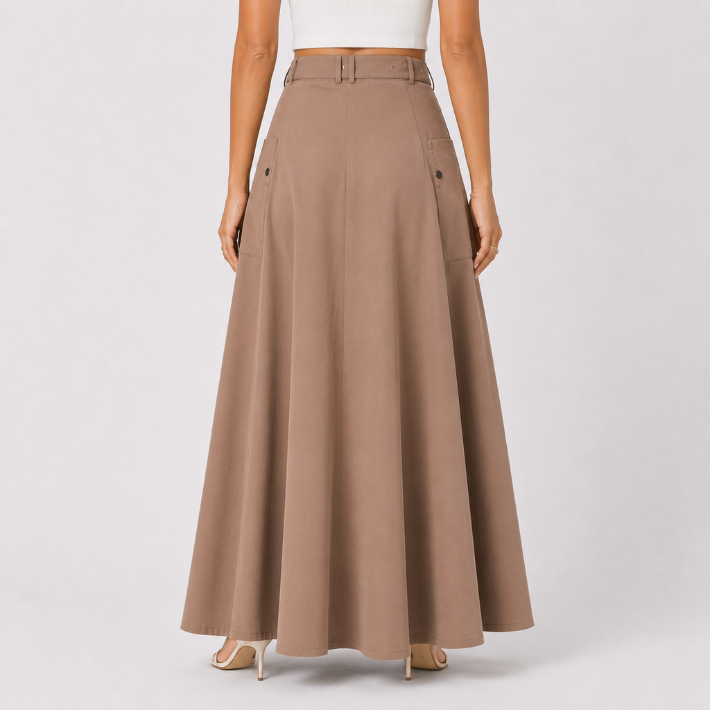 Kahki maxi cargo skirt with belt and front zip back view BELLA HUDSON
