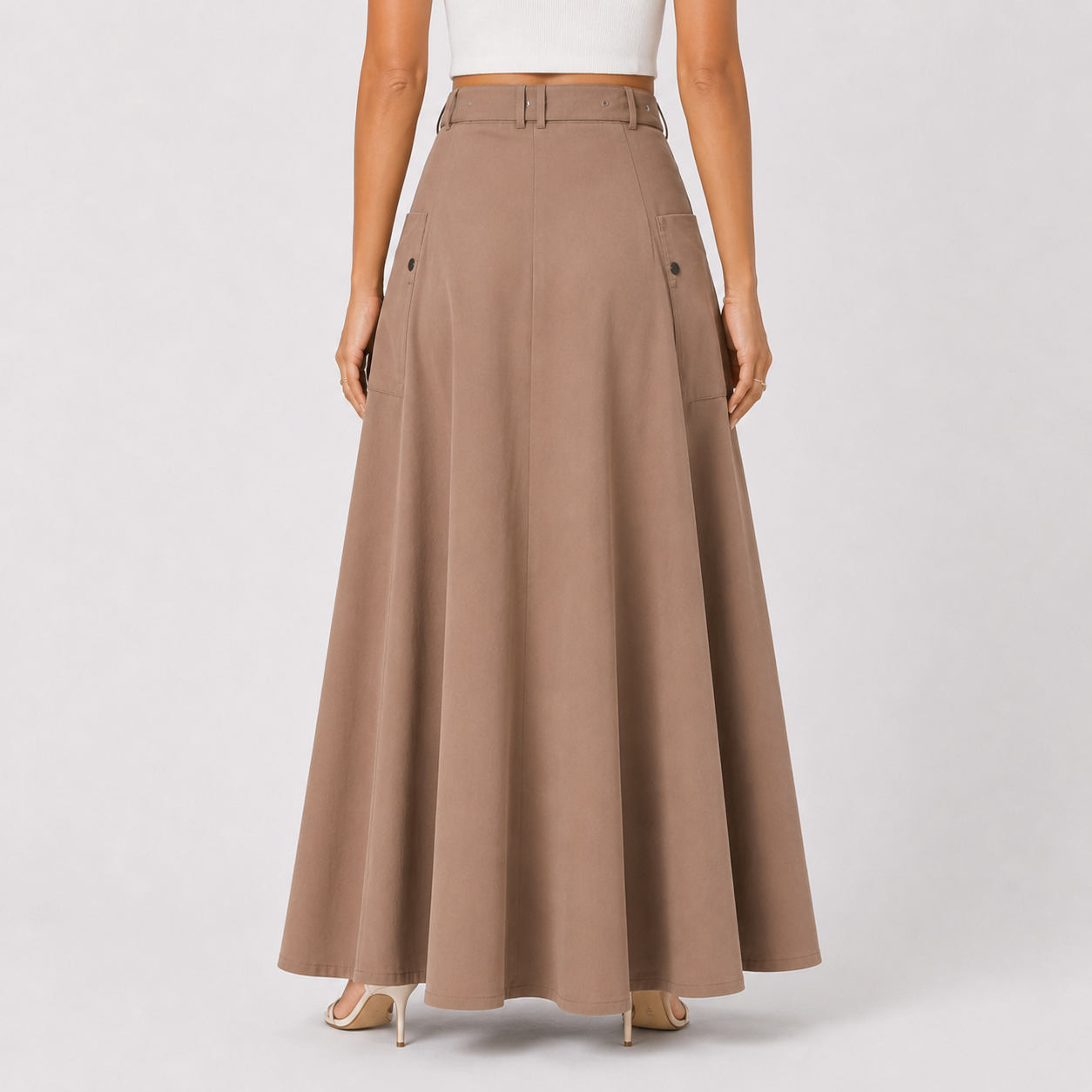 Kahki maxi cargo skirt with belt and front zip back view BELLA HUDSON