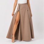Kahki maxi cargo skirt with belt and front zip front view BELLA HUDSON