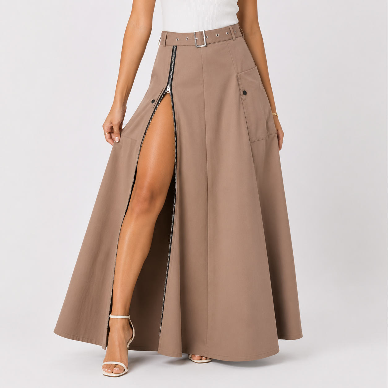 Kahki maxi cargo skirt with belt and front zip front view BELLA HUDSON