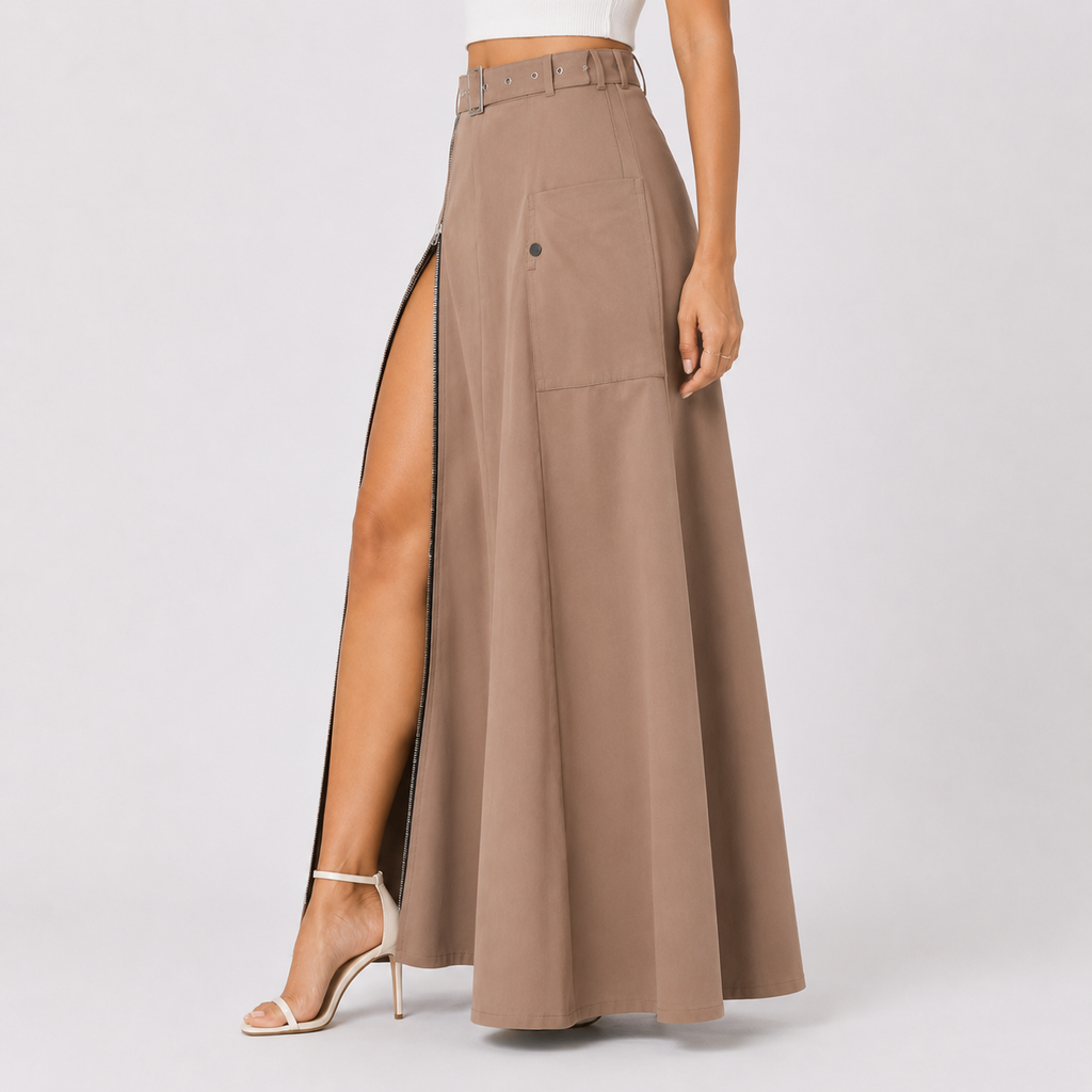 Kahki maxi cargo skirt with belt and front zip side view BELLA HUDSON