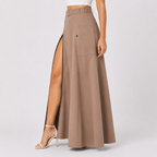 Kahki maxi cargo skirt with belt and front zip side view BELLA HUDSON